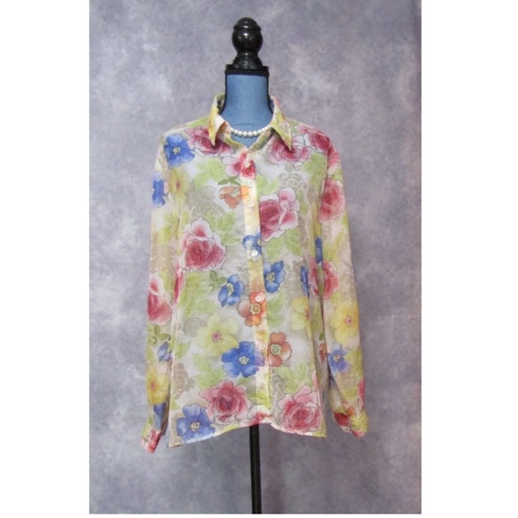 Alfred Dunner Tops - Alfred Dunner Sheer Yellow Pink Roses Blouse Sz 18